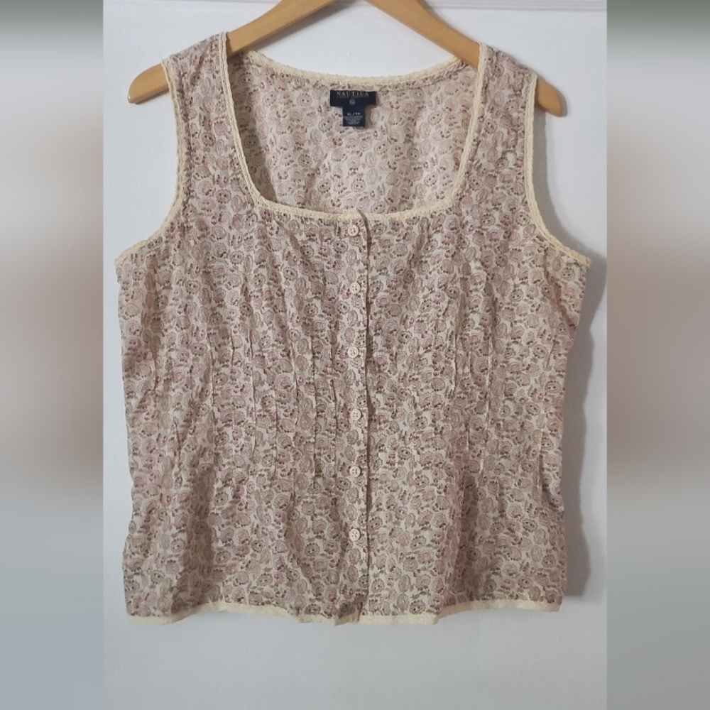 NAUTICA- Country- Floral-lace Trim- Square Neck Button Down Tank- XL